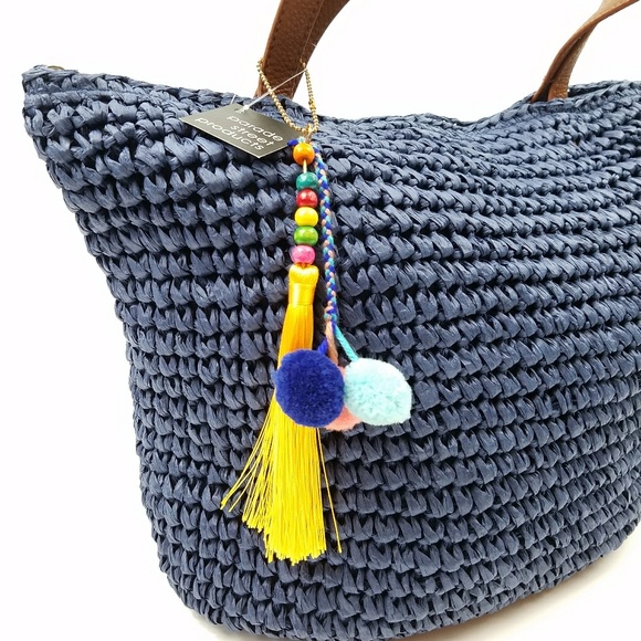 Navy Raffia Crochet Tote Bag Pom Pom Tassle - Picture 4 of 5